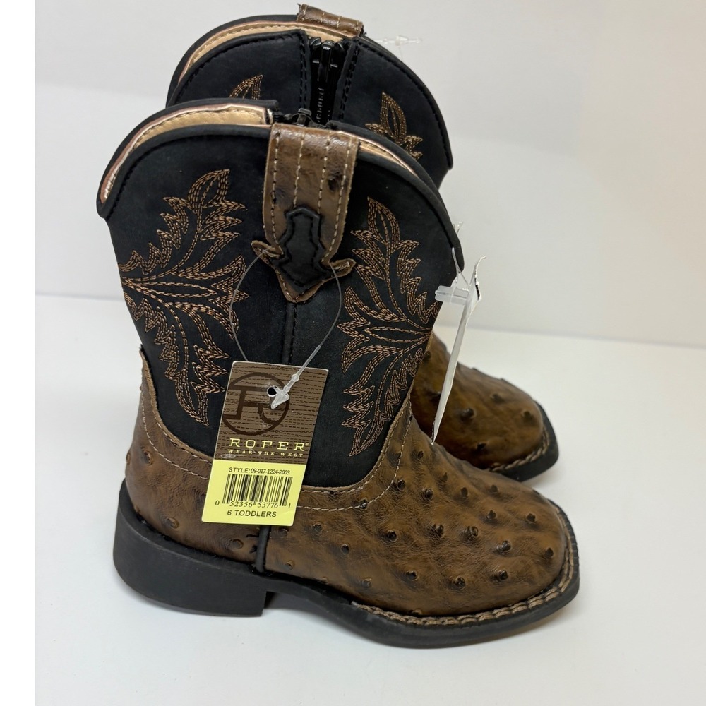 Roper Toddler Boys 6 faux Ostrich Square Toe Cowboy Boots Brown Black New